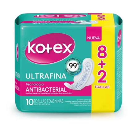 TOALLAS KOTEX ANTIBACTERIAL ULTRA FINA C/ALAS X10