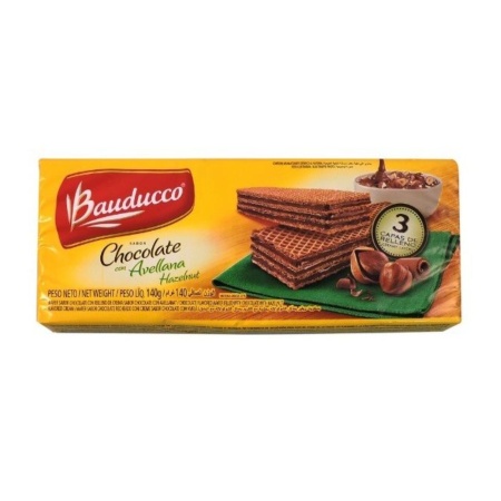 GALLETA WAFLE CHOCOLATE/AVELLANAS BAUDUCCO 140 GR.