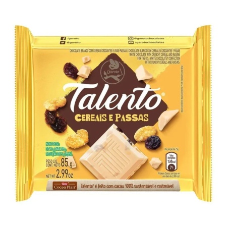 CHOCOLATE TALENTO BLANCO CEREALES/PASAS 85 GR