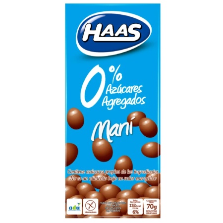MANI CON CHOCOLATE HAAS 0% AZUCAR CON LECHE 70 GR